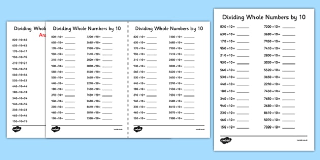 Dividing Whole Numbers by 10 A5 Worksheet / Worksheet