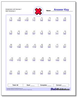 Multiplication Worksheets: Multiplication with Decimals