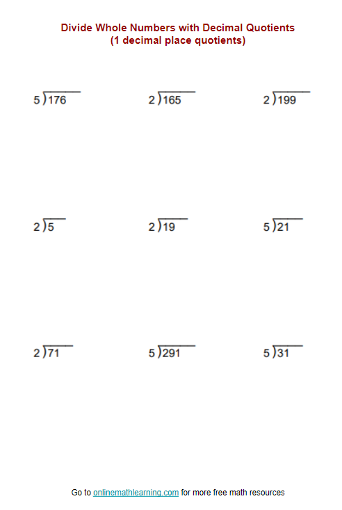 Whole Number Division with Decimal Quotients (examples, solutions ...