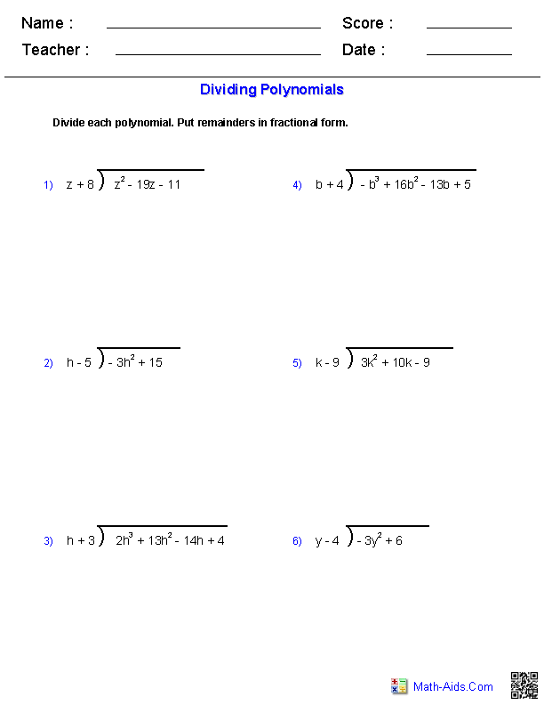 Algebra 1 Worksheets | Monomials and Polynomials Worksheets