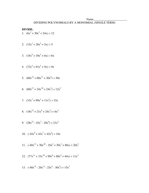 Dividing by Monomials Worksheet