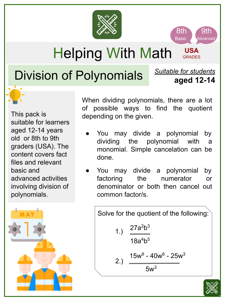 Division of Polynomials Themed Math Worksheets | Aged 12-14