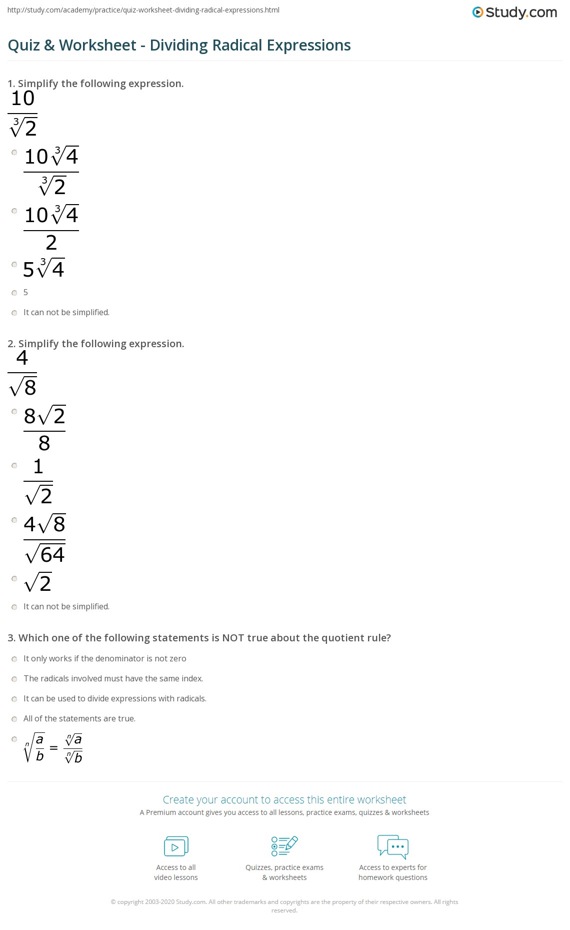Quiz &  Worksheet - Dividing Radical Expressions | Study.com