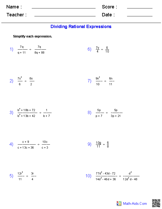 Algebra 1 Worksheets | Rational Expressions Worksheets