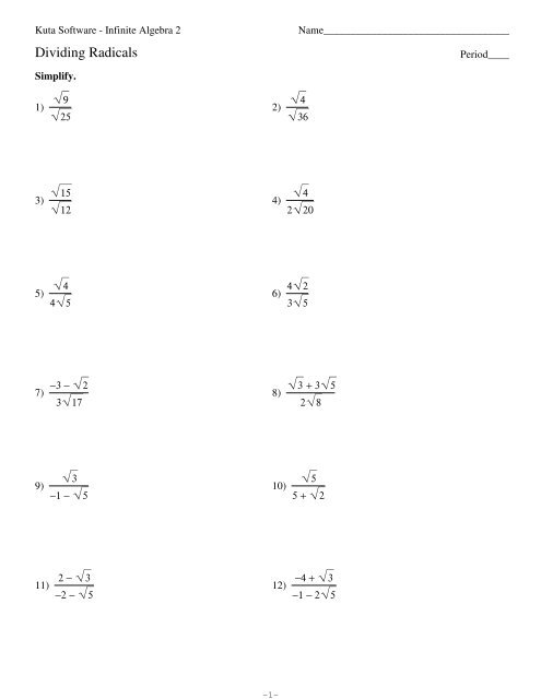 dividing radicals worksheet algebra 2
