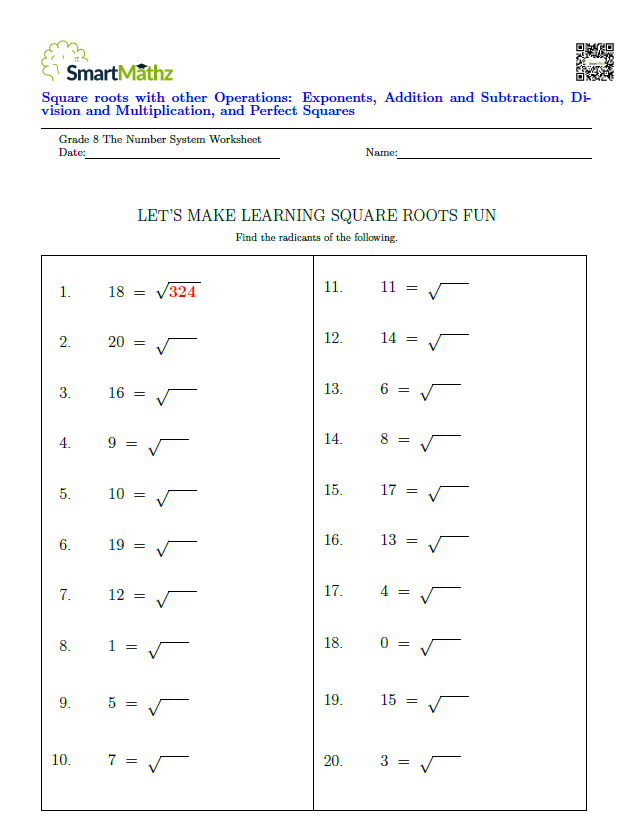 Square Roots with other Operations: Exponents Addition and