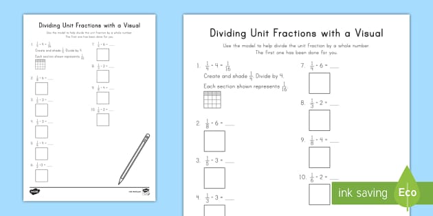 Dividing Unit Fractions With a Visual Worksheet for 3rd-5th Grade