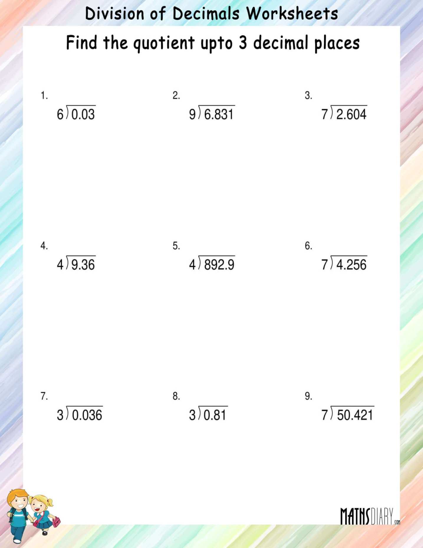 dividing whole numbers by decimals worksheet