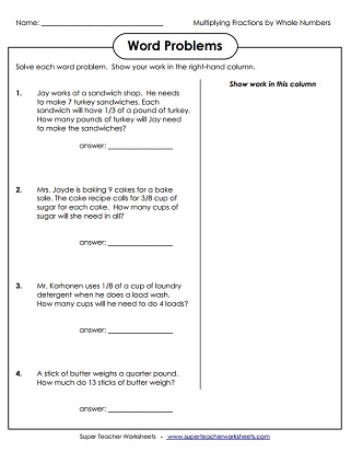 dividing whole numbers by fractions word problems worksheet
