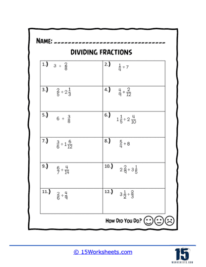 dividing whole numbers by fractions worksheet