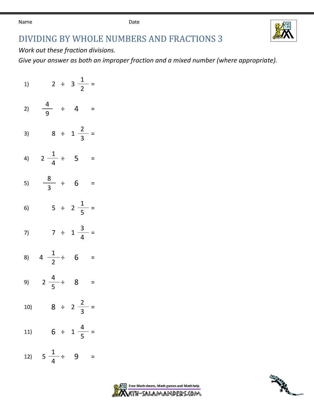 Divide Whole Numbers by Fractions