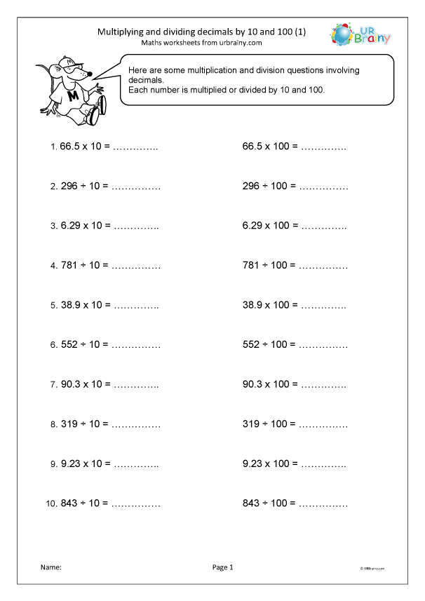 Multiplying and dividing decimals by 10 and 100 (1) - Fraction and ...