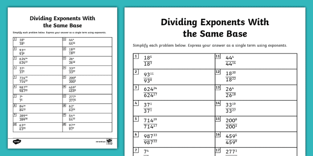 Eighth Grade Dividing Exponents With the Same Base Activity