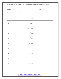 Multiplying and Dividing Exponents Worksheets