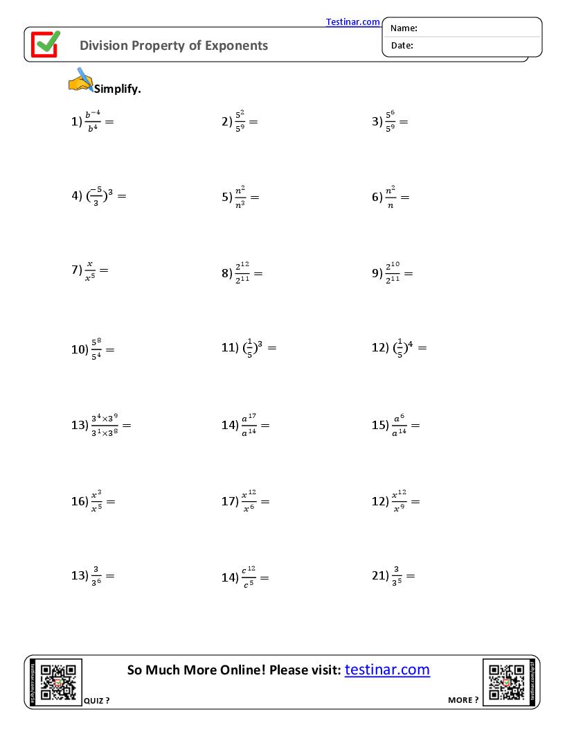 Division Property of Exponents worksheets