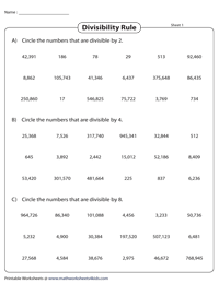 Divisibility Test Worksheets | Divisibility Rules from 2 to 12