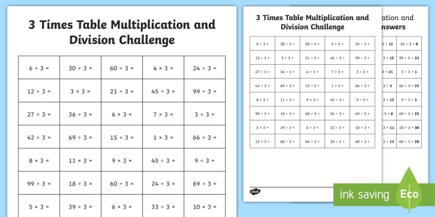 3 Times Table Multiplication and Division Challenge Worksheet