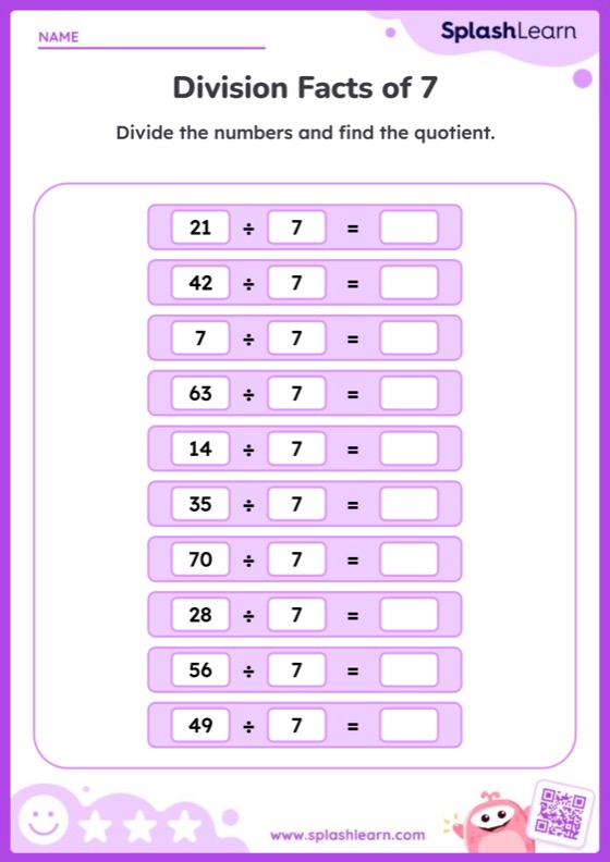 Division by 7 within 70 — Printable Math Worksheet