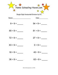 Single Digit Horizontal Division by 9s Worksheet for 3rd - 5th ...