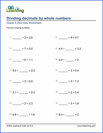 Dividing decimals by whole numbers with missing numbers | Worsheets library