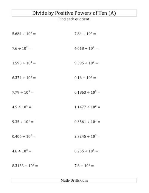 Dividing Decimals by Positive Powers of Ten (Exponent Form) (A)