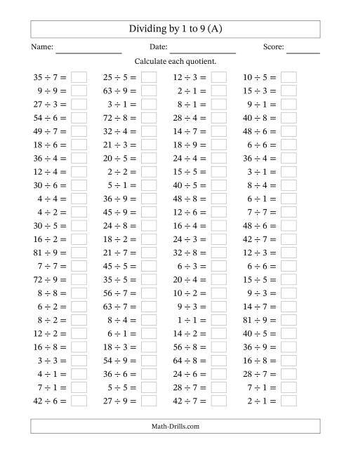 Horizontally Arranged Division Facts with Divisors 1 to 9 and ...