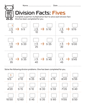Division Facts: Fives | Interactive Worksheet 
