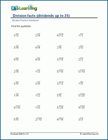 Division facts to 25, 36 &  64 (vertical) worksheets | Worsheets library