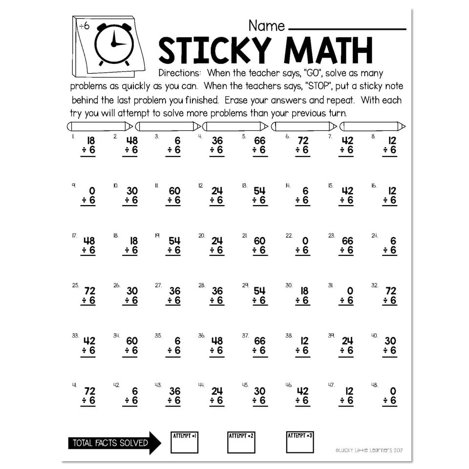 Sticky Math Fact Fluency Practice - Division - ÷6 - Lucky Little ...