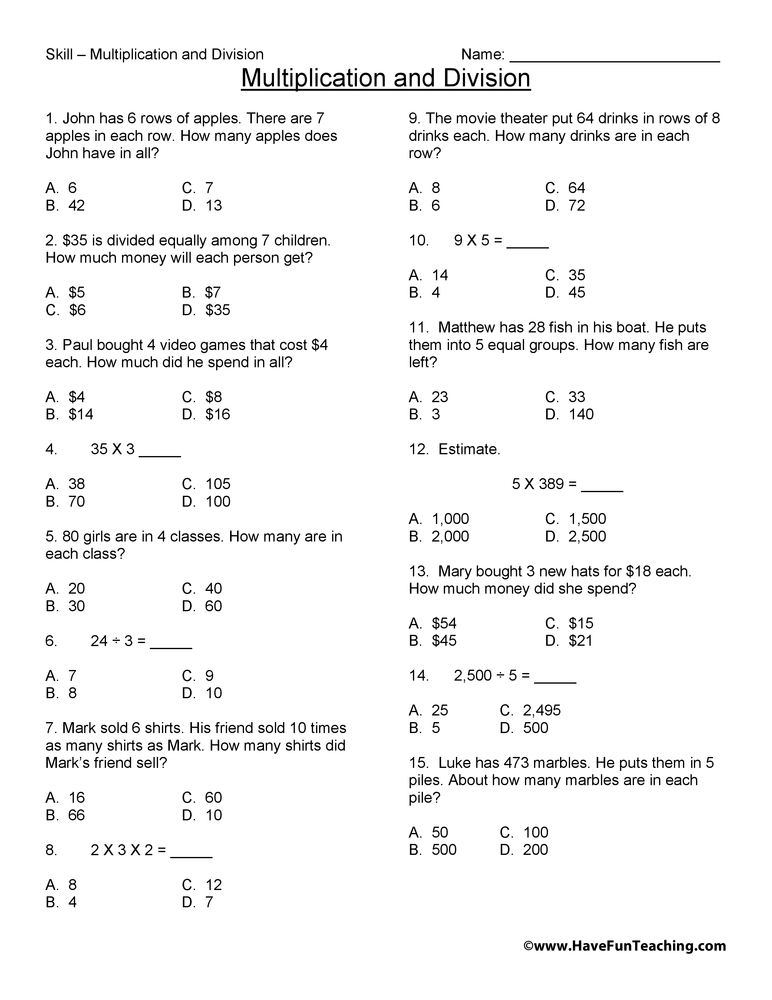 Third Grade Multiplication and Division Test Practice Worksheet ...