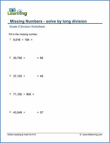 Grade 5 Long Division Worksheet: Missing dividend or divisor ...