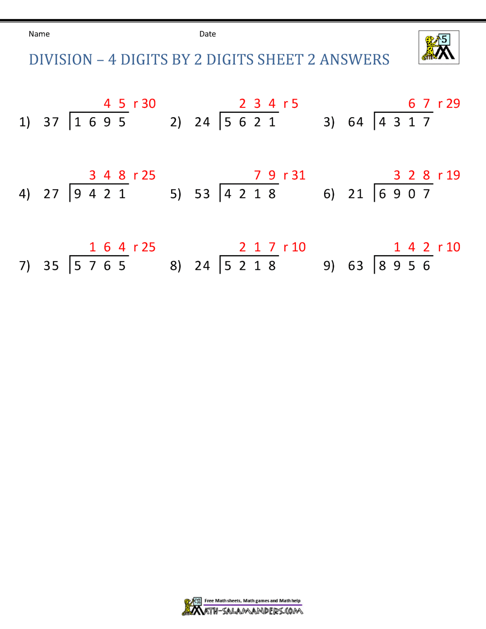 Long Division Worksheets for 5th Grade