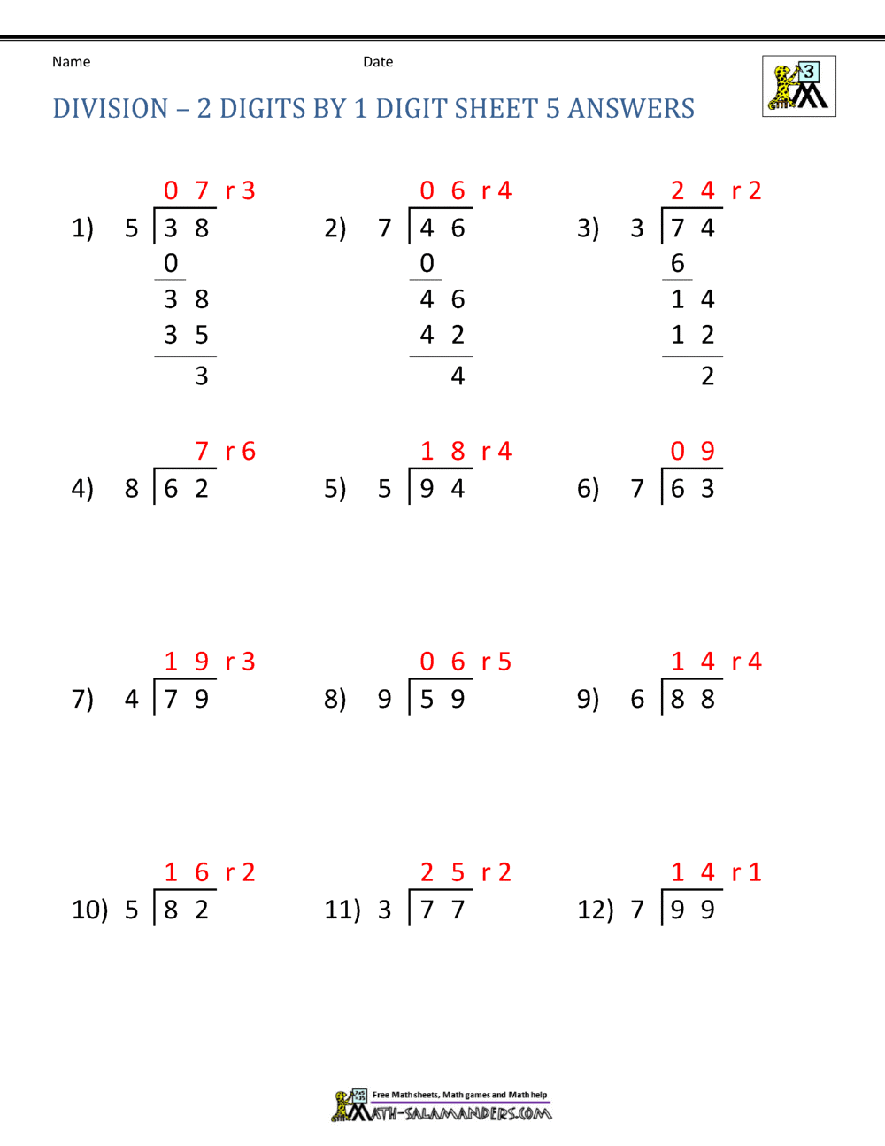 Division Worksheets 3rd Grade