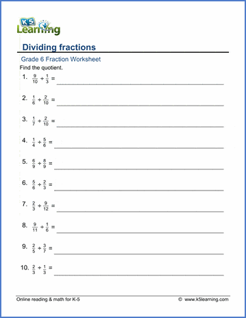 Grade 6 Math worksheet - Fractions: dividing fractions | Worsheets library