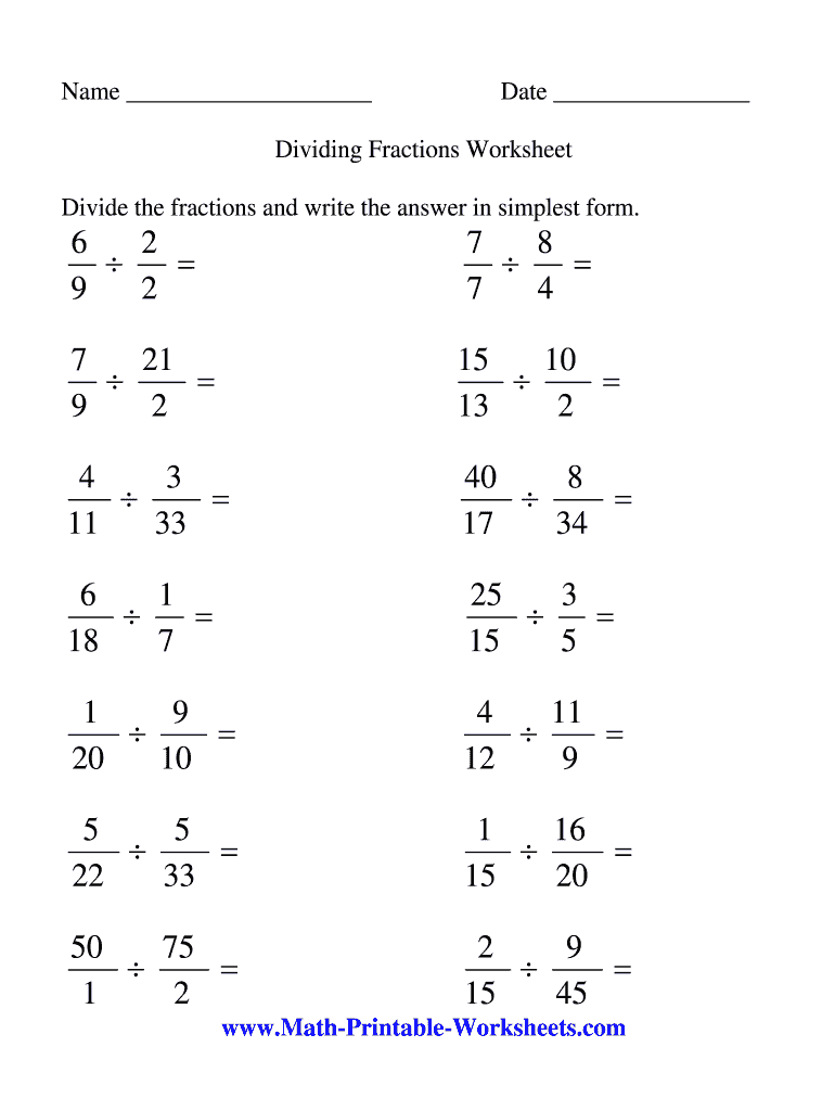 Dividing Fractions Worksheet Fill Online Printable Fillable Dividing Fractions Worksheet Fill Online Printable Fillable