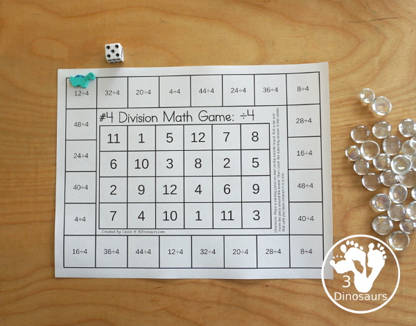 Free Division Board Game Printable - 3 Dinosaurs