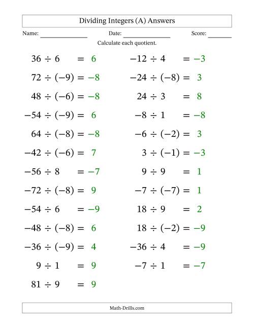 Dividing Mixed Integers from -9 to 9 (25 Questions; Large Print) (A)