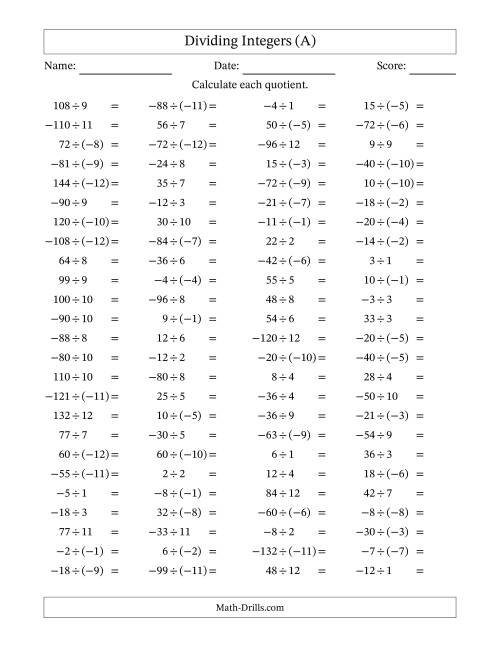 Dividing Mixed Integers from -12 to 12 (100 Questions) (A)