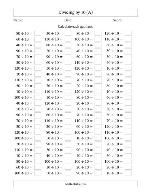 Horizontally Arranged Dividing by 10 with Quotients 1 to 12 (100 ...