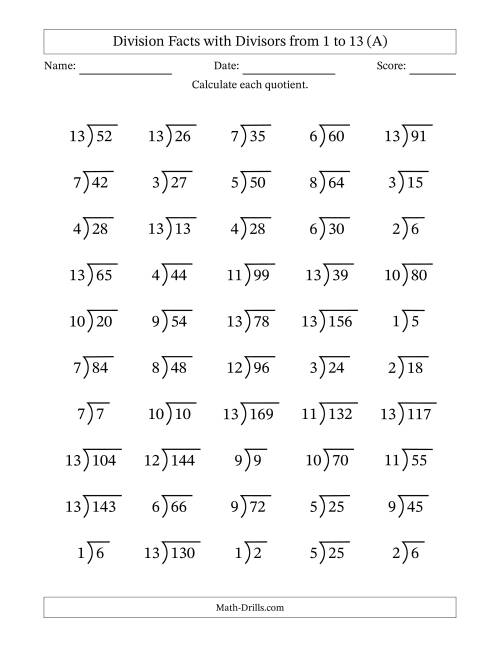 Division Facts with Divisors and Quotients from 1 to 13 with Long ...
