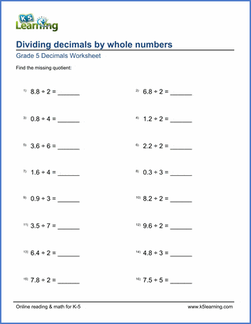 division of decimals by whole numbers worksheet