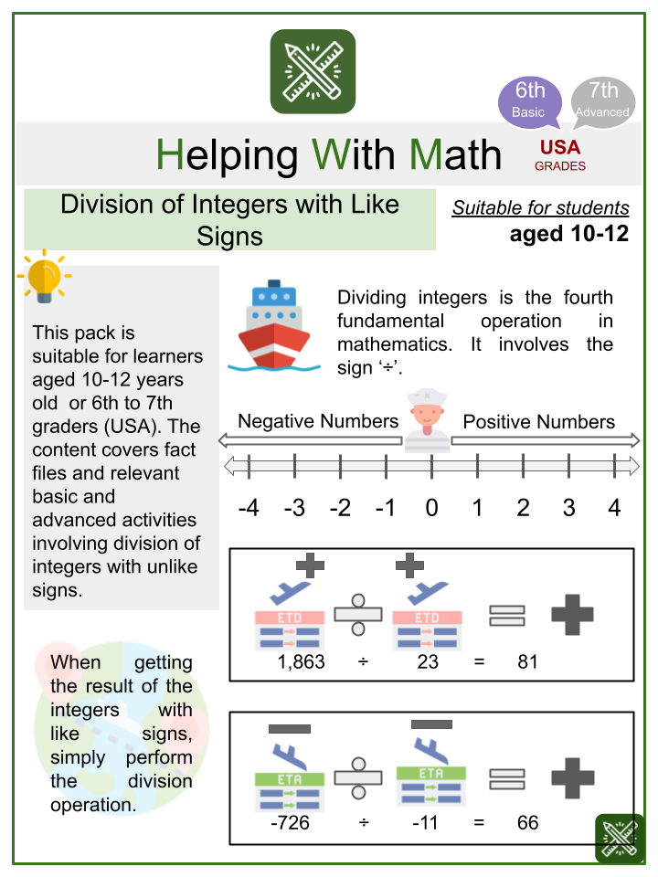 division of integers worksheet