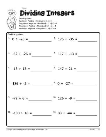 division of integers worksheet