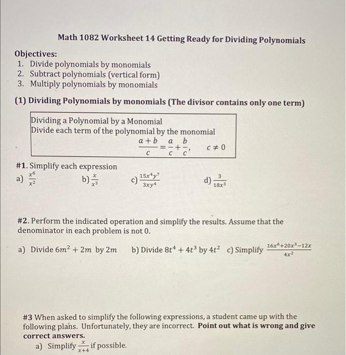 division of polynomials by monomials worksheet