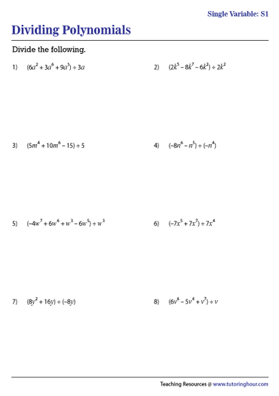 division of polynomials worksheet with answer