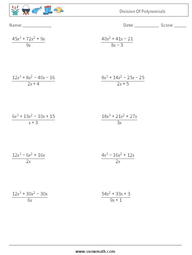 division of polynomials worksheet with answer