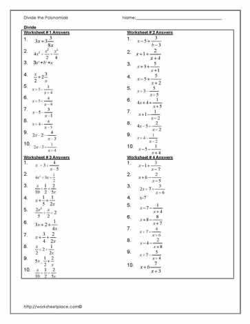 division of polynomials worksheet with answers