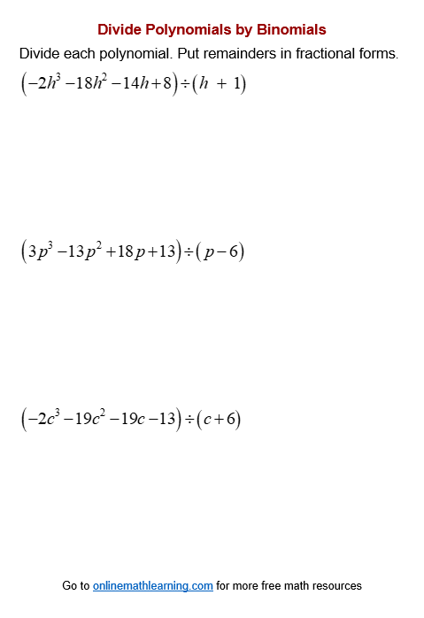 division of polynomials worksheet with answers