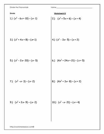division of polynomials worksheet with answers