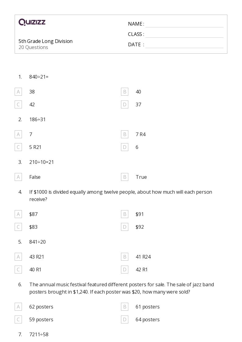 50+ Long Division worksheets for 5th Grade on Quizizz | Free ...